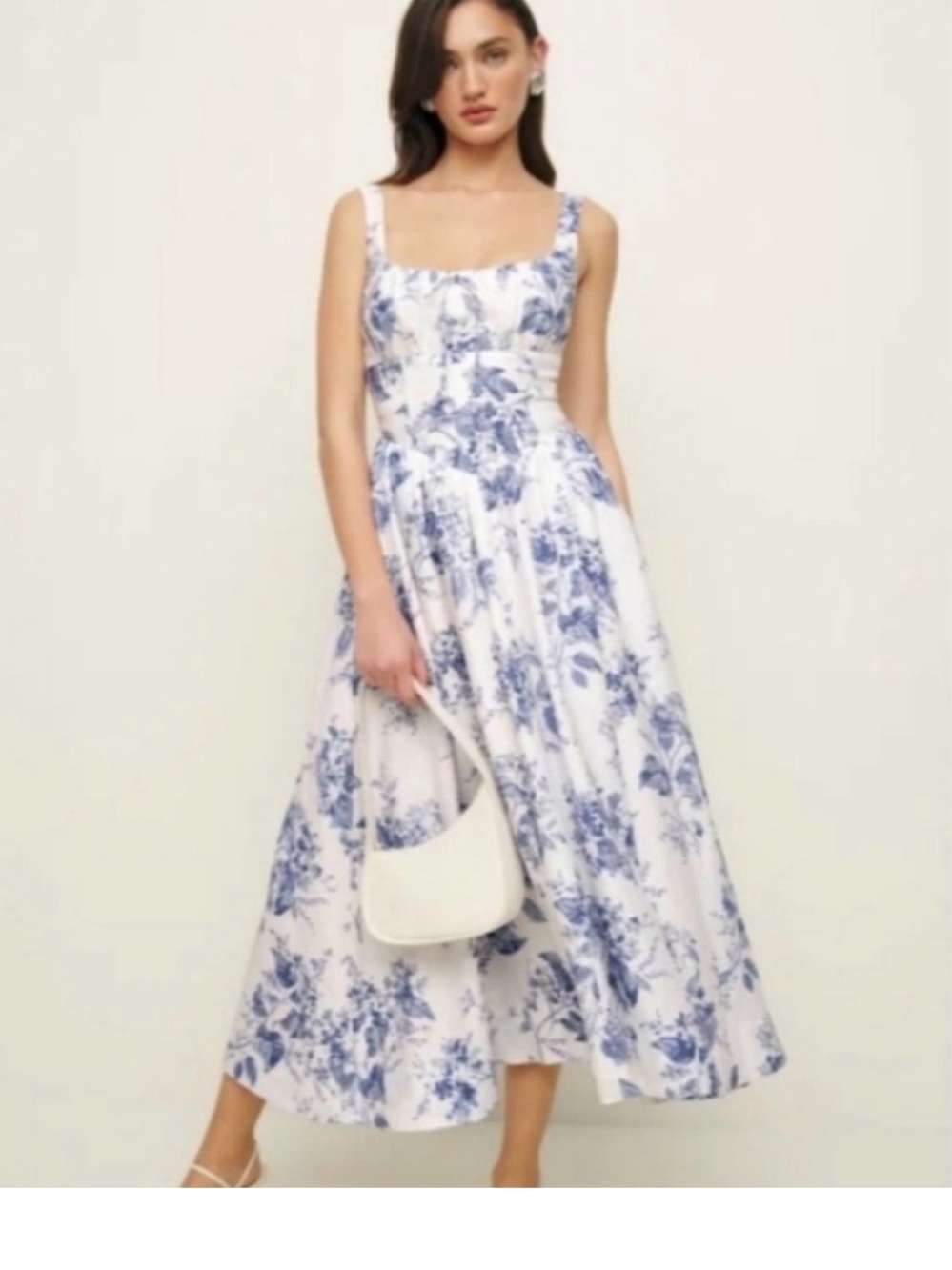 Reformation Balia White Midi Dress with Blue Floral Print